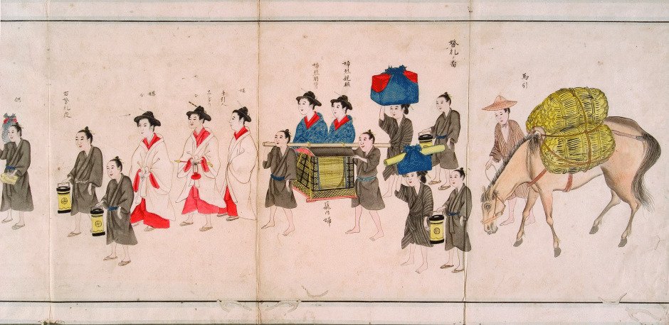 Trecho de 'Okinawa Fūzoku no Zu', livro ilustrado de 1889 do pintor da corte Nakasone Shōzan, mostrando um cortejo com figuras vestidas à moda okinawana tradicional.